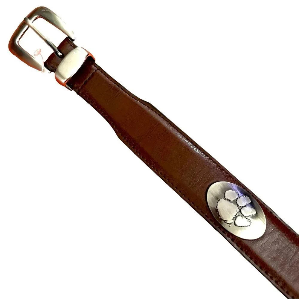 Mens 100% Brown Leather Belt Silver Big Cat Paw Medallions Size 34